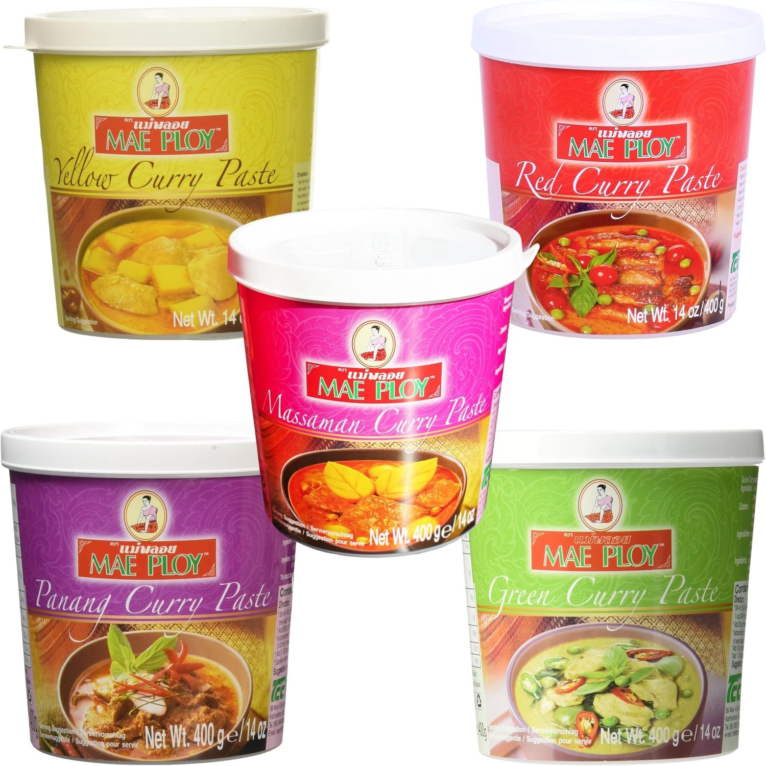 Mae Ploy Thai Curry Paste Assorted Pack of 5 (400g Each) - Green, Red, Yellow, Massaman &amp; Panang Curry Paste - Authentic Thai Sauce for Cooking, Halal Certified