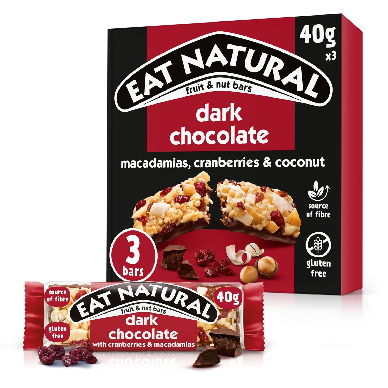 Eat Natural Fruit &amp; Nut Bars - Dark Chocolate with Cranberries &amp; Macadamias - Gluten Free, High Fibre Snacks - Indulgent Treats - Multipack 3 x 40