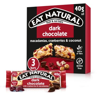 Eat Natural Fruit & Nut Bars - Dark Chocolate with Cranberries & Macadamias - Gluten Free, High Fibre Snacks - Indulgent Treats - Multipack 3 x 40