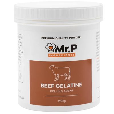 Mr.P Ingredients Beef Gelatine 250g 250 Bloom Powder Unflavoured Stabiliser Gelling Aerating Agent Instant Gluten Free Non-GMO Halal (Recyclable Pot) Mr.P Ingredients Beef Gelatine 250g 250 Bloom Powder Unflavoured Stabiliser Gelling Aerating Agent Instant Gluten Free Non-GMO Halal (Recyclable Pot)