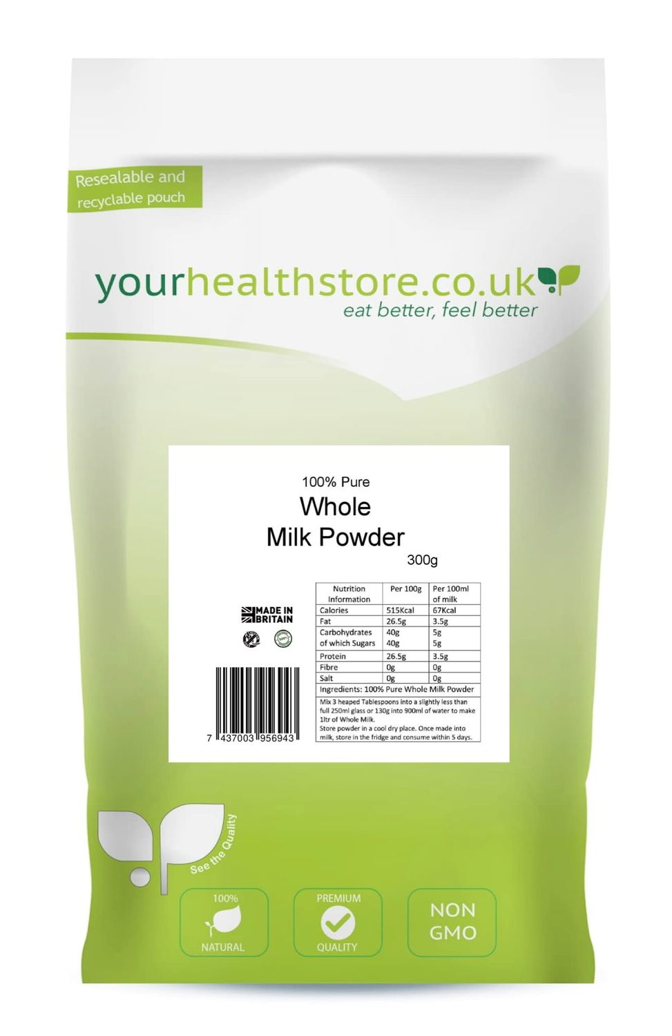 yourhealthstore 100% Pure Whole Milk Powder 300g, Made in Britain with British Milk, No Additives &amp; Soy Lecithin, No Bovaer, Vegetarian, (Recyclable Pouch)