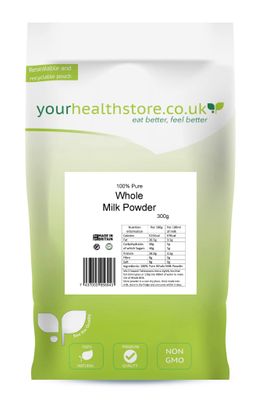 yourhealthstore 100% Pure Whole Milk Powder 300g, Made in Britain with British Milk, No Additives & Soy Lecithin, No Bovaer, Vegetarian, (Recyclable Pouch)