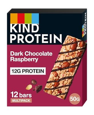 KIND Protein Bars, Dark Chocolate Raspberry, High Fibre, Healthy Snack, Gluten Free, 12g Protein, No Artificial Colours, Flavours or Preservatives, Multipack 12 x 50g