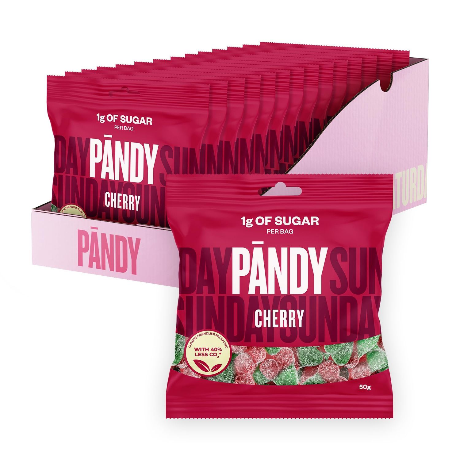 PANDY Candy Cherry, Only 1g Sugar &amp; 70 Calories, Refreshing and Sweet Gummy Sweets, 14x50g Bags