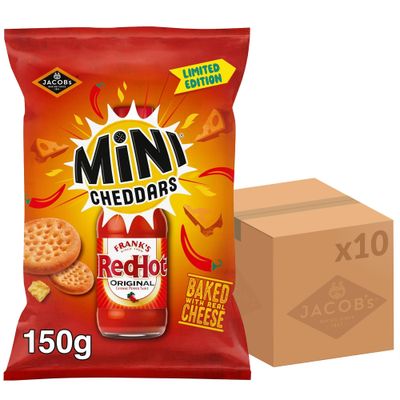 JACOB'S Mini Cheddars Franks Red Hot Original Baked Snacks Share bag 150g (Pack of 10)