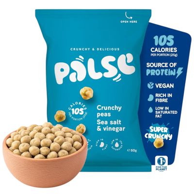 Palse Crunchy Peas Sea Salt & Vinegar 12 x 50g High Protein Vegan Snacks Roasted Green Pea Snack with Tangy Flavour Super Crunchy, High Fibre- Multipack (Sea Salt & Vinegar)