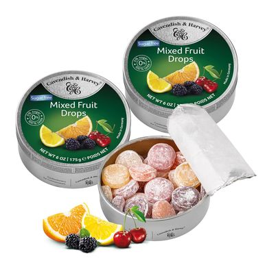 Pack of 3 Cavendish &amp; Harvey Sugar-Free Mixed Fruit Drops in Tin - Premium Travel Sweets made with Real Fruit Juice, Vegan Friendly Confectionery Hard-Boiled Candies - Each H4 x 9.7cm Diameter, 175g