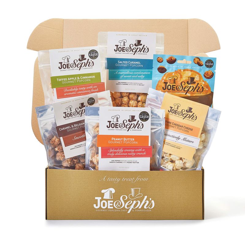Joe &amp; Sephs Movie Night In Box (1x500g) Chocolate Bites and Gourmet Popcorn, 7 flavours, movie night snacks, gifts for men and women, air-popped, sweet and salty flavours