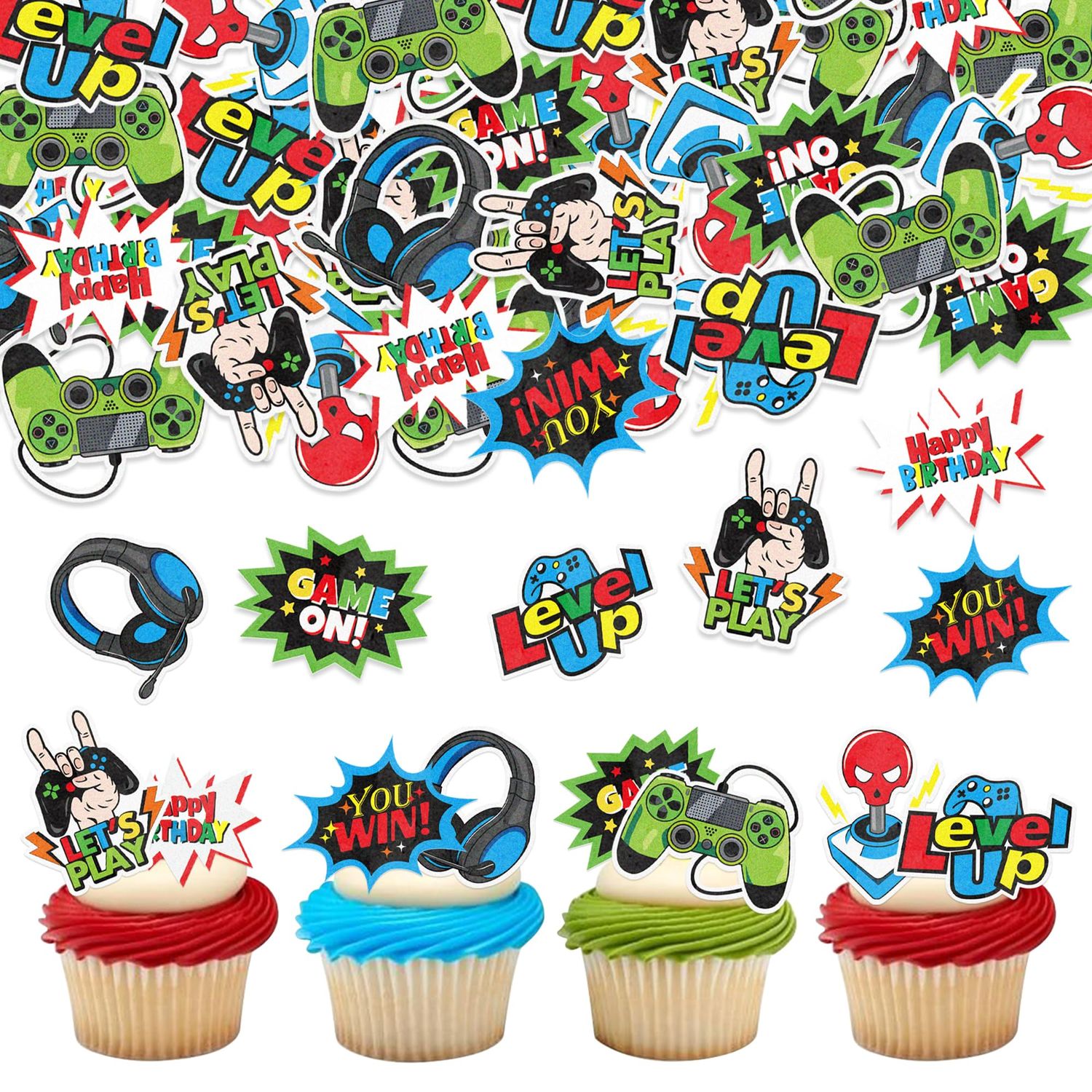 Blumomon 40pcs Edible Video Game Cupcake Toppers Assembled Game On Controllers Cupcake Picks GamePad Cake Decorations for Game Theme Kids Boys Girls Birthday Anniversary Party Decorations Supplies