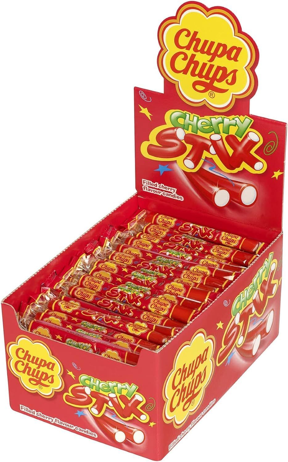 Chupa Chups Cherry Stix, Fondant Filled, Chewy Party Sweets, Suitable for Vegetarians - Bulk Box Of 150 Sticks