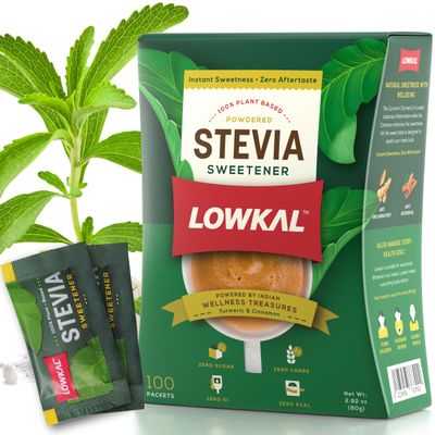 LOWKAL Stevia Sweetener Sachets with Zero Calorie (100 Packets) - Plant-Based Sugar Substitute for Diabetics with Zero Sugar - Natural Sweetener Stevia Powder for Desserts, Coffee &amp; Tea
