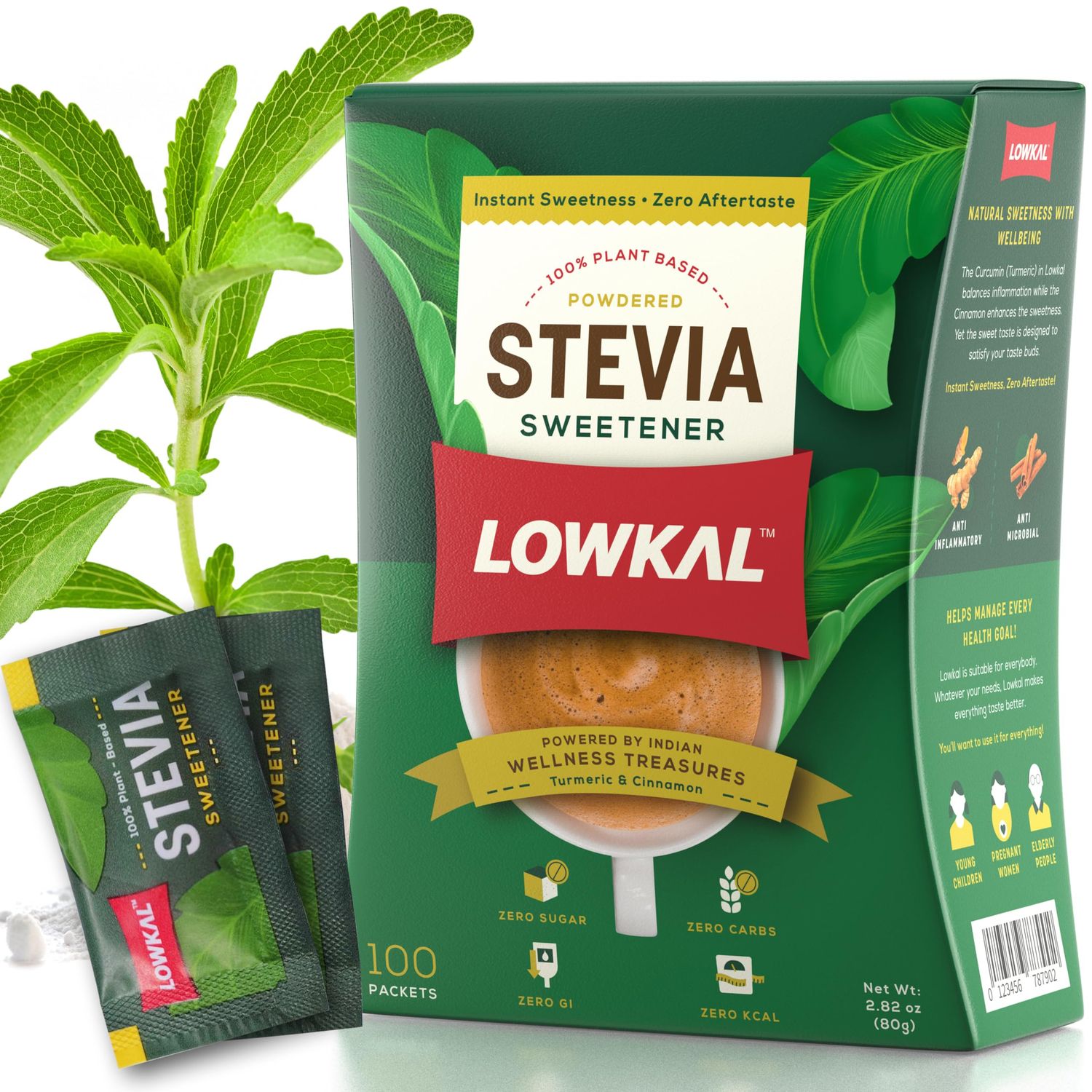 LOWKAL Stevia Sweetener Sachets with Zero Calorie (100 Packets) - Plant-Based Sugar Substitute for Diabetics with Zero Sugar - Natural Sweetener Stevia Powder for Desserts, Coffee &amp; Tea