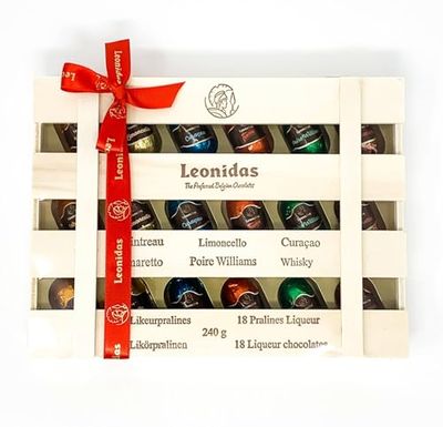 Leonidas Belgian Chocolate Liquors - 18 Piece Assortment Dark Chocolate Liqueur Pralines Filled with Whisky, Amaretto, Cointreau, Limoncello & More Pure Cocoa Butter Gift Box