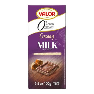 Valor 0% Added Sugar Milk Chocolate Bar - Milk and Hazelnut Cream Diabetic Chocolate Bar - Fine Cocoa, Sweetened with Stevia, Gluten Free, by Master Chocolatiers - 100g Bar