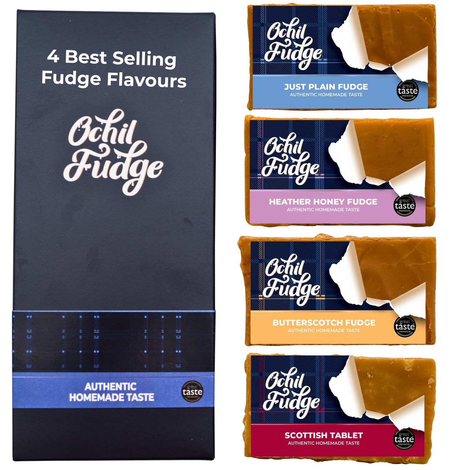 Ochil Fudge Handmade Scottish Fudge &amp; Tablet Gift Box - 4 Flavours: Butter, Butterscotch, Honey &amp; Traditional Tablet Gluten-Free, Vegetarian, Small Batch, Made in Scotland - 4 × 100g