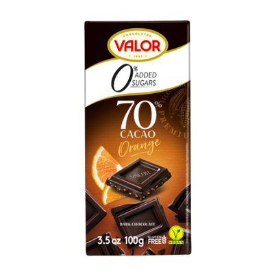 Valor Sugar Free Chocolate Bar - Dark Diabetic Chocolate with Orange Pieces, made with 70% Cacao Sweetened with Stevia, Lactose &amp; Gluten Free Vegan, by Master Chocolatiers, 100g Bar