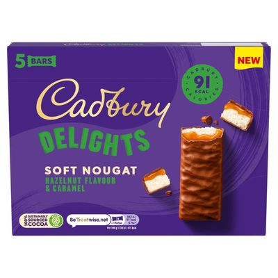 Cadbury Delights Soft Nougat Hazelnut Flavour &amp; Caramel Bars, Chewy Nougat Bars With Hazelnut &amp; Caramel, Multipack of 5 x 22 g (Pack of 1)