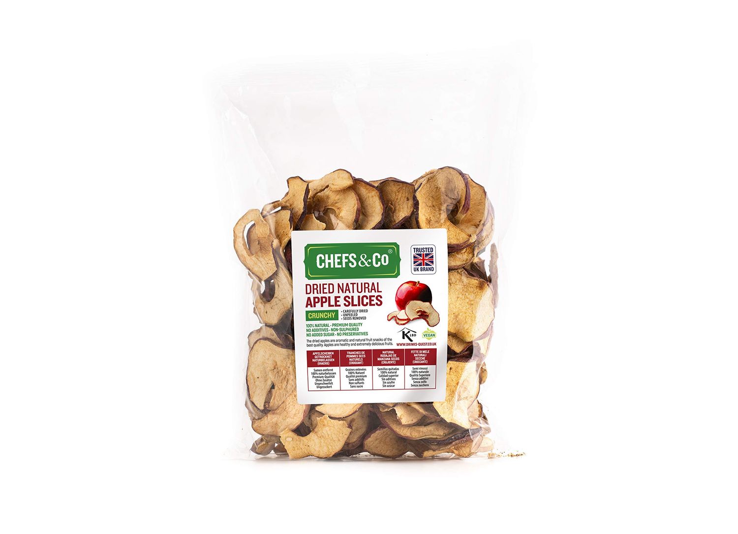 CHEFS &amp; CO Dried Apple Slices 250g 100% Natural Whole Dried Fruit Dried &amp; Unpeeled Healthy Sweet Snack Seeds Removed No preservatives No Added Sugar (CRUNCHY, 250 g (Pack of 1))