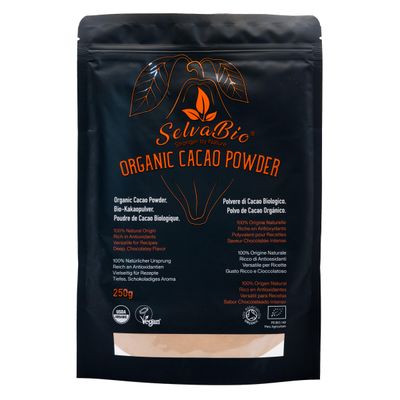 SelvaBio Organic Cacao Powder, Raw &amp; Non-Alkalised, Single Origin Peru, Unsweetened, Low Cadmium, Vegan, Gluten Free, for Smoothies, Baking &amp; Hot Chocolate, 250 g