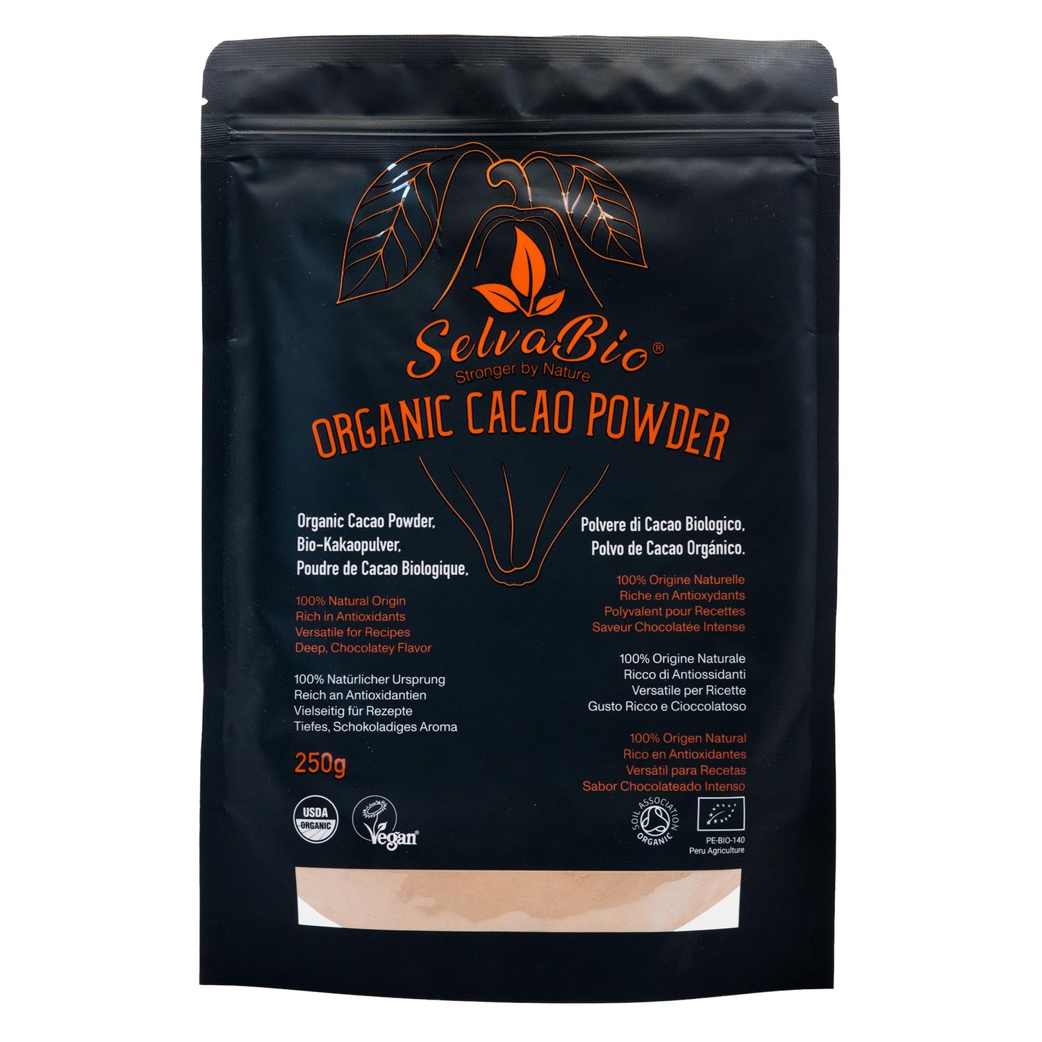 SelvaBio Organic Cacao Powder, Raw &amp; Non-Alkalised, Single Origin Peru, Unsweetened, Low Cadmium, Vegan, Gluten Free, for Smoothies, Baking &amp; Hot Chocolate, 250 g