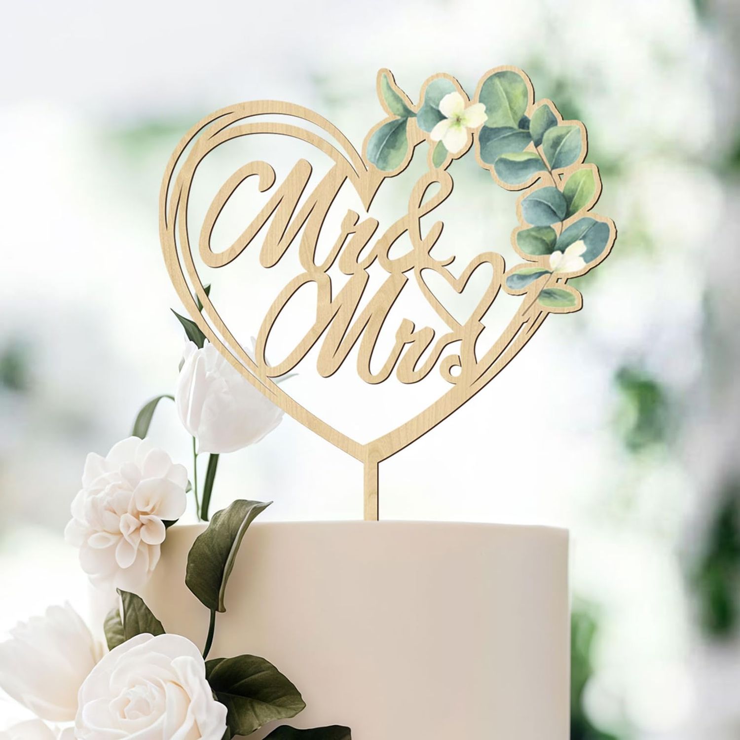 LunarCharm Mr &amp; Mrs Cake Topper Green Wooden Wedding cake decoration for Wedding Anniversary Engagement Proposal Party Cake Decoration, Heart Shape