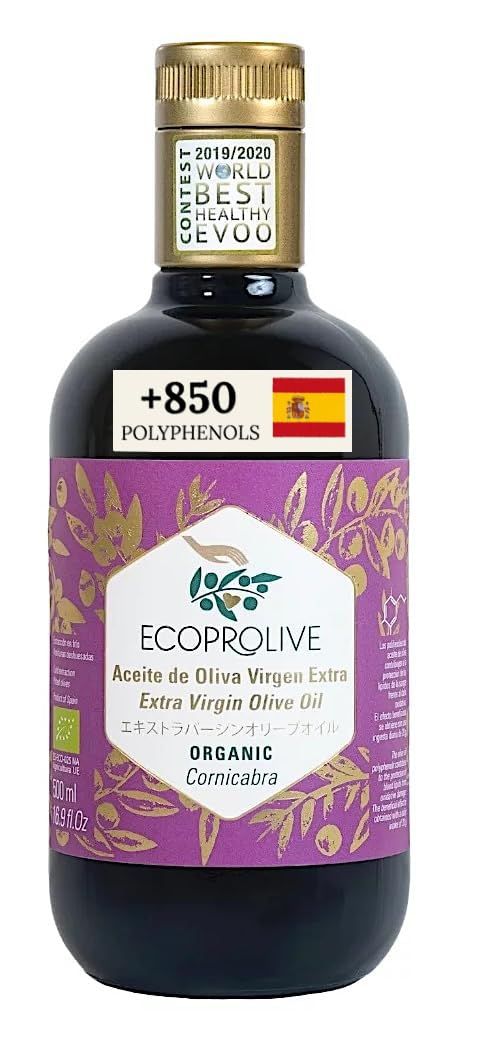 Organic High Polyphenol Extra Virgin Olive Oil Premium 500 ml - Lab Tested - Rich in Antioxidants - Early harvesty - Cold Pressed without Pits (Seed Oil Free) - Spanish variety cornicabra