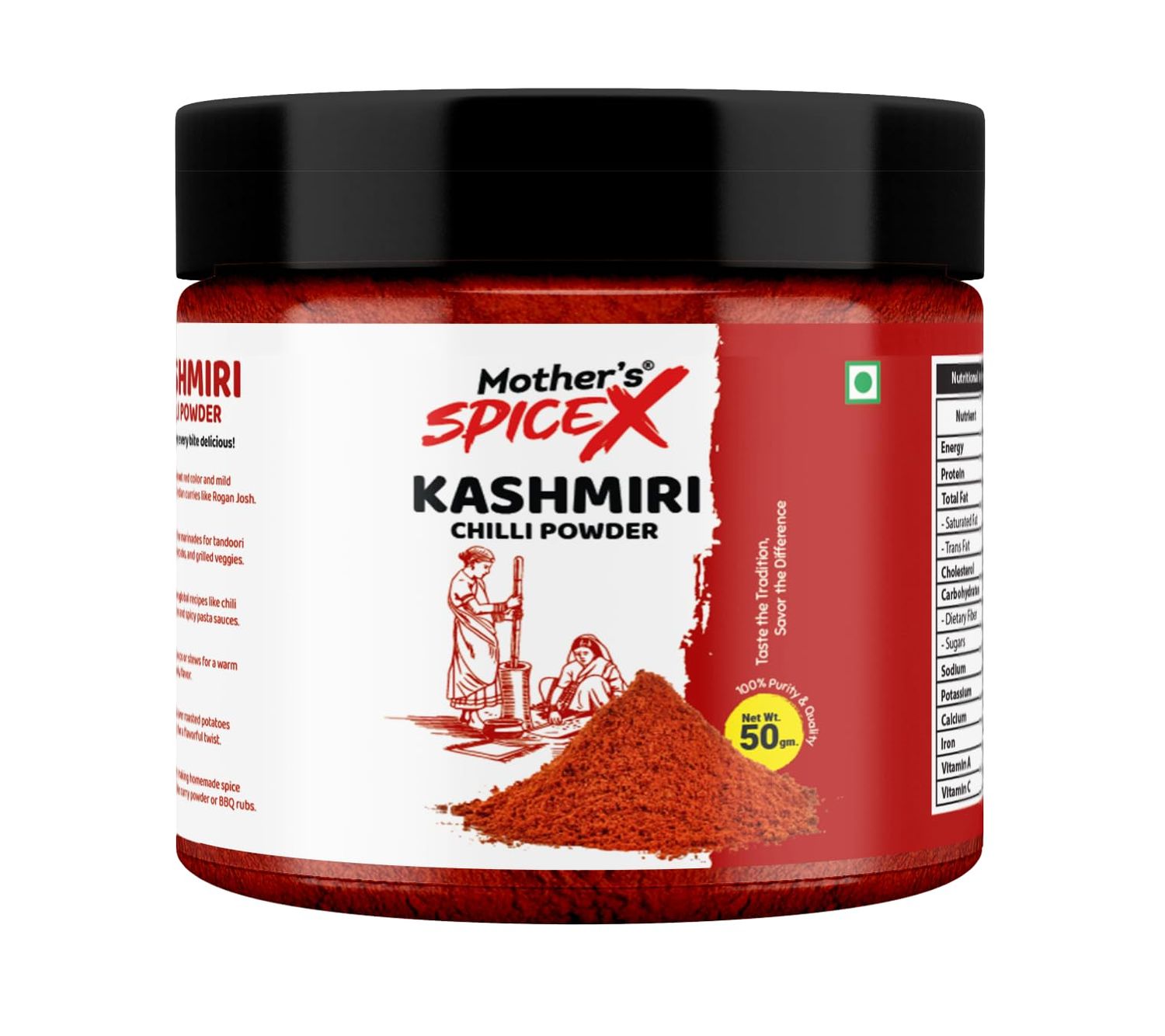 Mother's SpiceX Kashmiri Red Chilli Powder Mild Heat &amp; Vibrant Color 100% Pure &amp; Natural No Additives Available in 50g, 100g, 200g, 425g (50g)