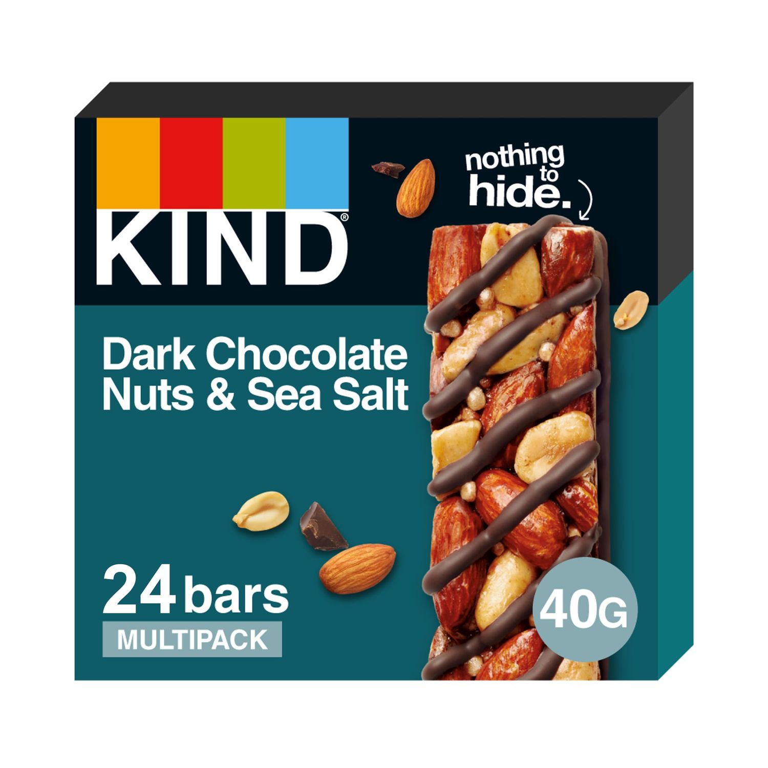 KIND Bars, Gluten Free Snack Bars, Dark Chocolate Nuts &amp; Sea Salt, High Fibre, Healthy Snack, No Artificial Colours, Flavours or Preservatives, Multipack 24 x 40g