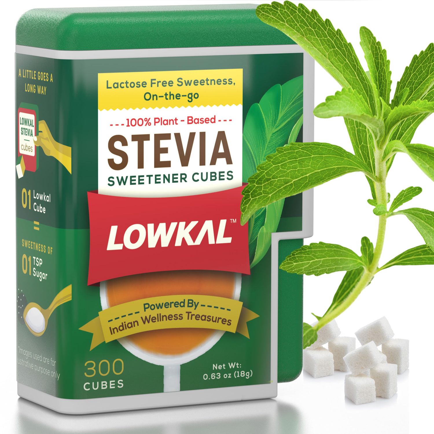 LOWKAL Stevia Sweetener Tablets with Zero Calorie (300 Cubes) - Plant-Based Pure Stevia Sugar Substitute for Diabetics with Zero Sugar - Natural Sweetener Tablets for Desserts, Coffee &amp; Tea