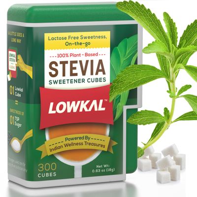 LOWKAL Stevia Sweetener Tablets with Zero Calorie (300 Cubes) - Plant-Based Pure Stevia Sugar Substitute for Diabetics with Zero Sugar - Natural Sweetener Tablets for Desserts, Coffee & Tea