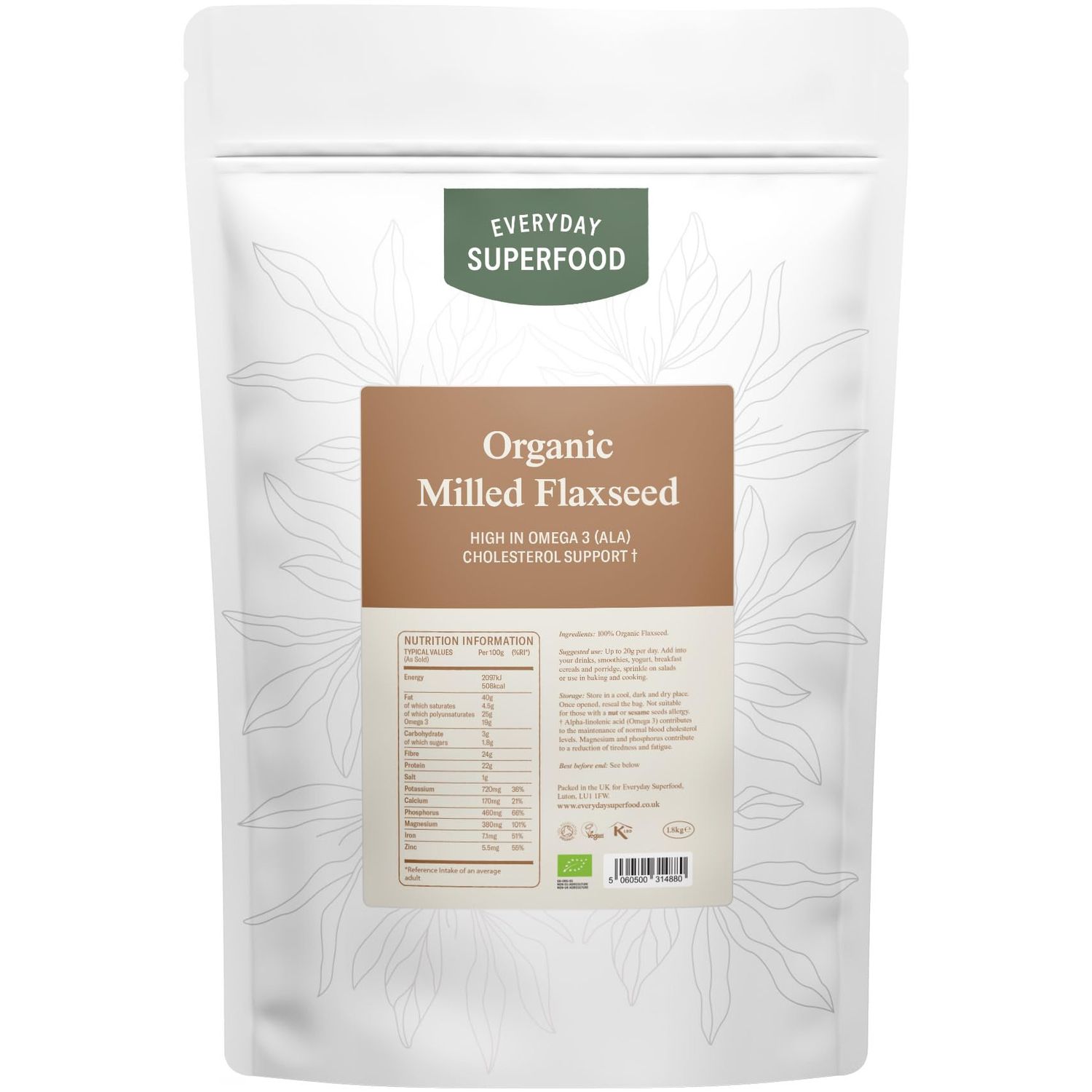 Everyday Superfood Organic Milled Flaxseed 1.8kg Cold Ground linseed Lab-tested for Retail Grade food safety compliance Suitable for baking