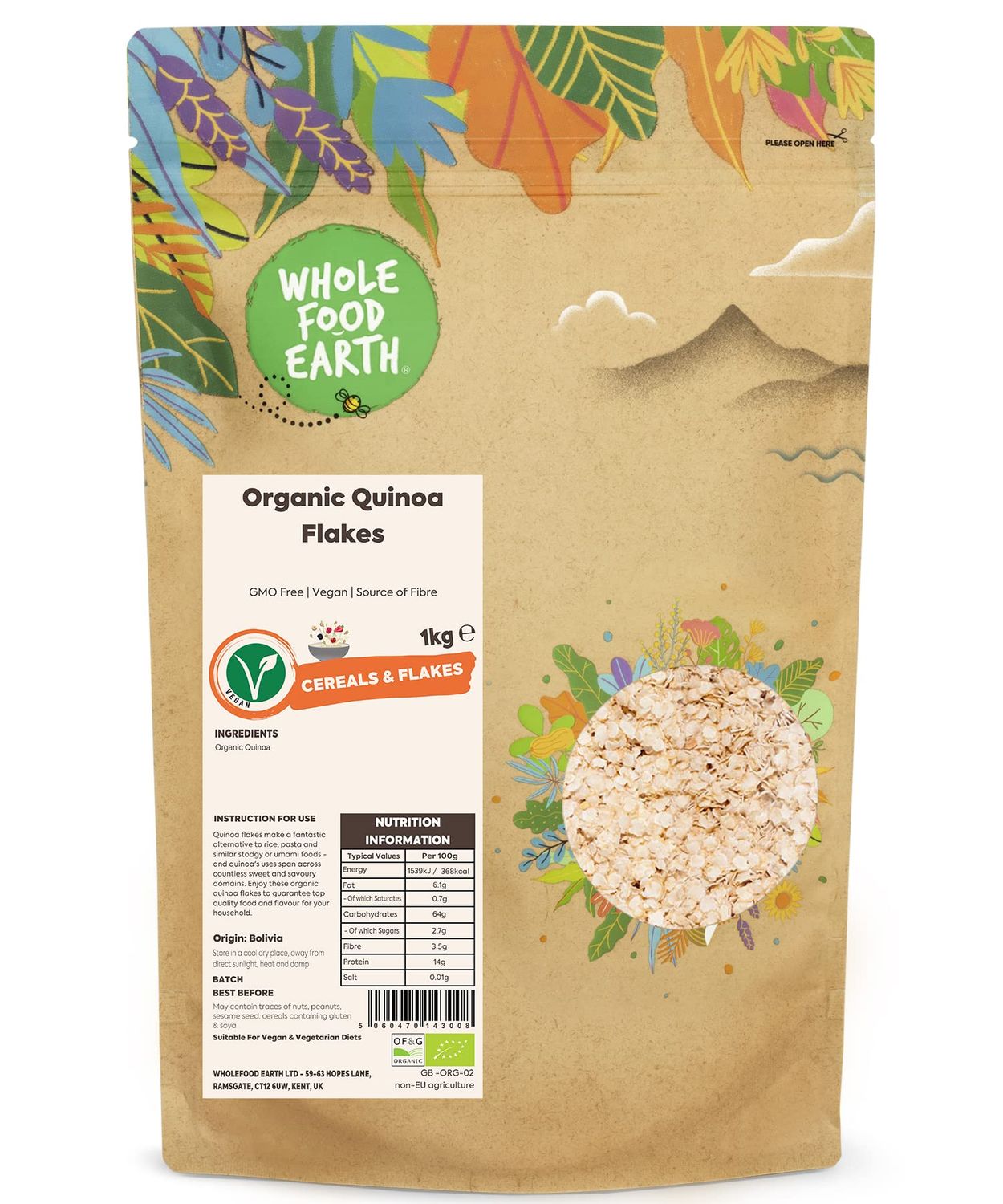 Wholefood Earth Organic Quinoa Flakes - 1 kg GMO Free Vegan Source of Fibre Certified Organic