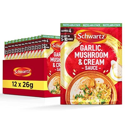 Schwartz Garlic Mushroom & Cream Sauce Mix 26 G Pack of 12 No Artificial Colours or Flavourings No Added Preservatives or MSG Suitable for Vegetarians