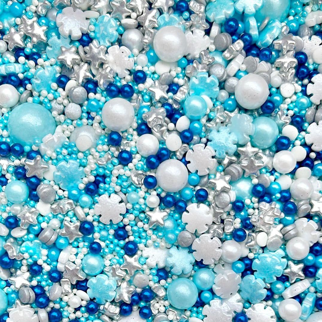 Frozen baby blue silver metallic snowflakes white Vegan Vegetarian Halal sprinkles edible pearls balls cupcake cake toppers biscuits pearls decoration 100s 1000s bright party baking ELSA