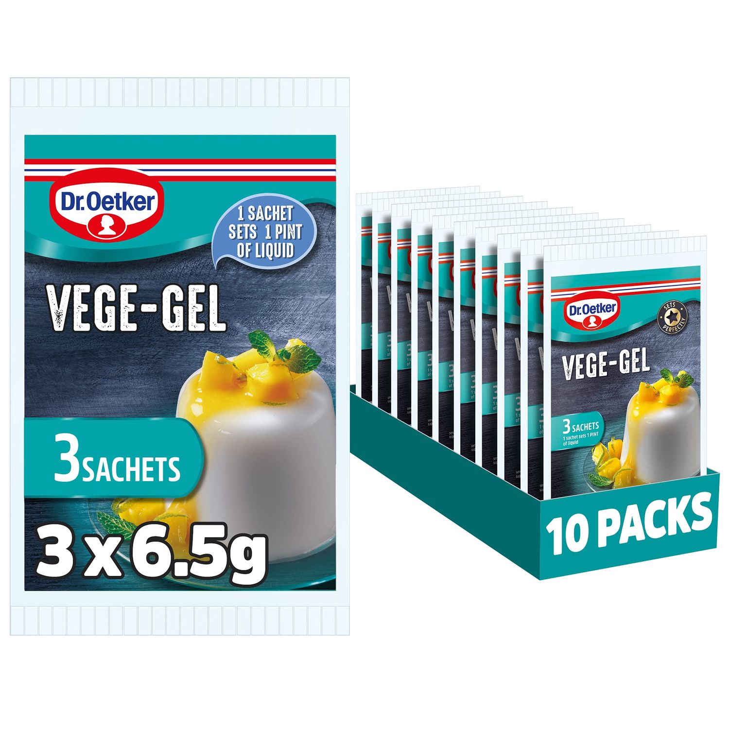 Dr. Oetker Vege-Gel Sachet - Vegetarian and Vegan Substitute for Gelatine, Baking Ingredients, Setting Agent for Jelly, Custards, Fillings, Multicoloured,195 g, Pack of 10x (3x6.5g)