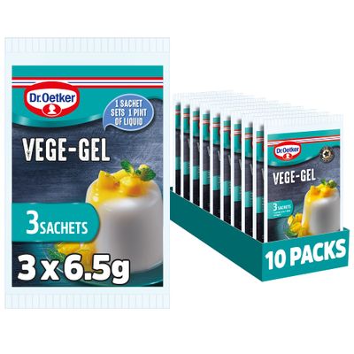 Dr. Oetker Vege-Gel Sachet - Vegetarian and Vegan Substitute for Gelatine, Baking Ingredients, Setting Agent for Jelly, Custards, Fillings, Multicoloured,195 g, Pack of 10x (3x6.5g)