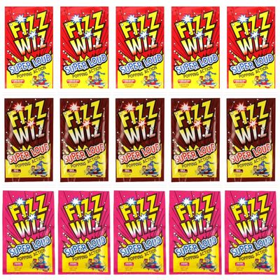 Fizz Wiz Popping Candy Mixed Flavours - 15 Packets of 5g - Fun and Exciting Popping Sensation - Great for Parties - Strawberry, Cherry, Cola