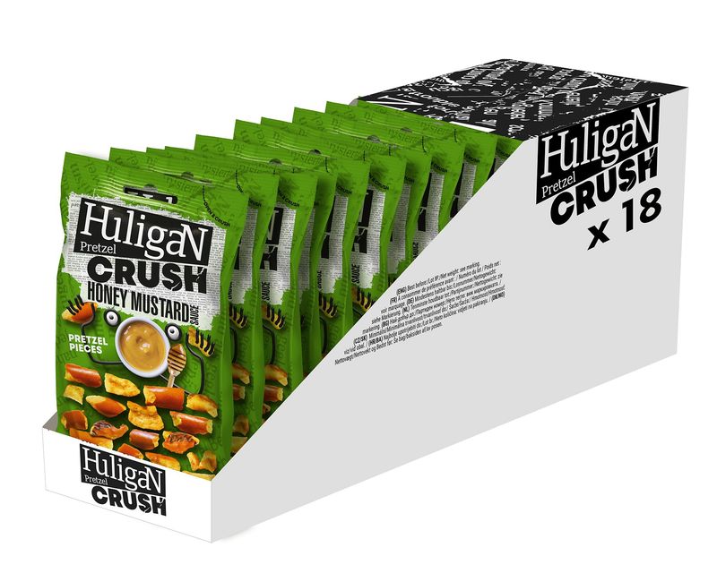 Huligan Honey-Mustard Pretzels Pack of 18 x 65G - Baked Pretzel Thins Savoury Snacks Bulk Healthy Vegetarian Snack Box Crisps Multipack