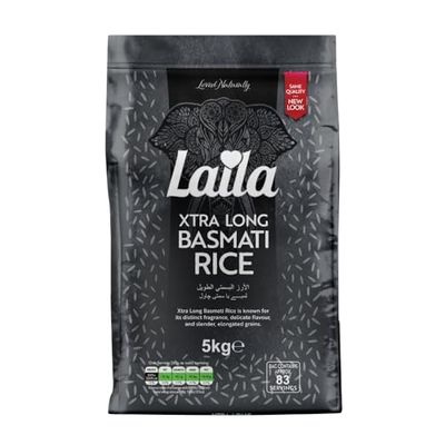 Laila Extra Long Grain Rice 5 Kg - 100% Gluten Free - Extra Long Grain White Basmati Rice with Aroma Fragrant, Package May Vary