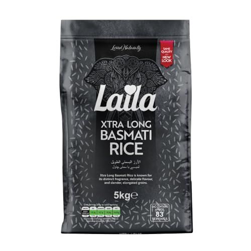 Laila Extra Long Grain Rice 5 Kg - 100% Gluten Free - Extra Long Grain White Basmati Rice with Aroma Fragrant, Package May Vary