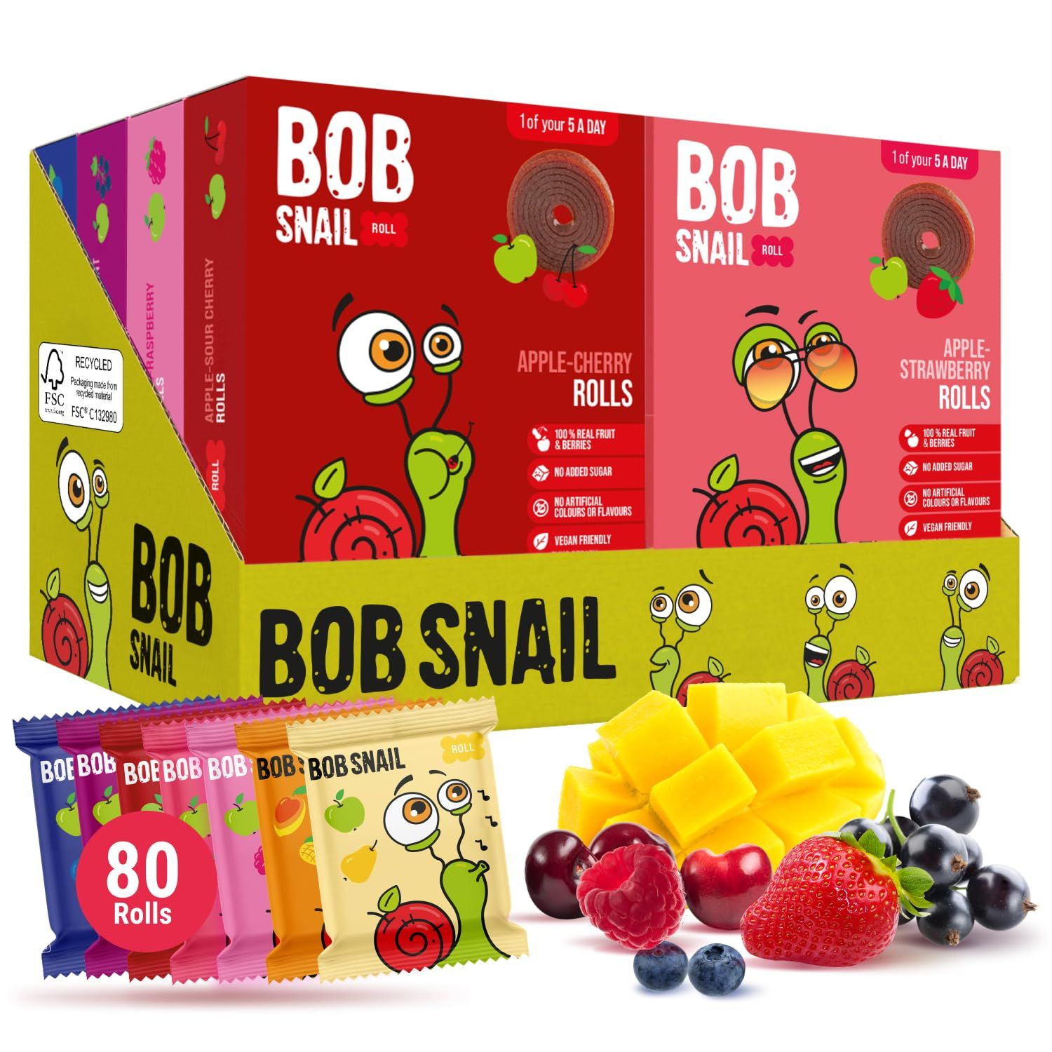 Bob Snail Fruit Roll Ups - Healthy Sweets Snacks, Real Dried Fruits, No Added Sugar, Vegan, Nut Free, Candy for Adults, Kids, with Berry Mix, Mango, Pear, Cherry - Bulk 80 pcs Rolls, 800g