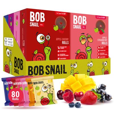Bob Snail Fruit Roll Ups - Healthy Sweets Snacks, Real Dried Fruits, No Added Sugar, Vegan, Nut Free, Candy for Adults, Kids, with Berry Mix, Mango, Pear, Cherry - Bulk 80 pcs Rolls, 800g