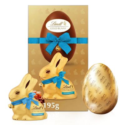 Topline Lindt Chocolates Easter Egg Hamper - Milk Chocolate Egg with Salted Caramel Gold Bunny 195g. Chocolate Gift for Easter Gifts, Hamper, Kids Easter Egg Hunt with Topline Easter Decoration