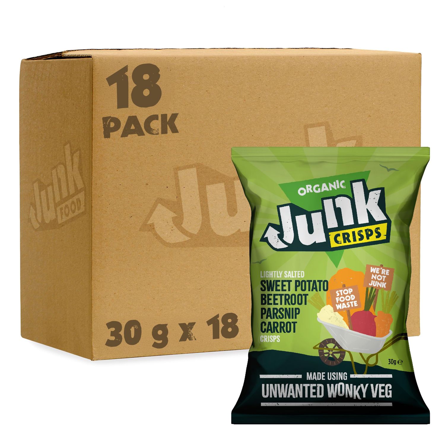 Junk Food Organic Lightly Salted Mixed Vegetable Crisps with Parsnip, Sweet Potato, Beetroot &amp; Carrot Flavours, Healthier, Vegan Friendly &amp; Gluten Free Snacks Made from Wonky Veg, 30 g (Pack of 18)