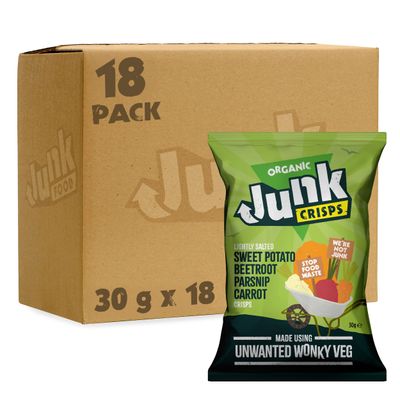 Junk Food Organic Lightly Salted Mixed Vegetable Crisps with Parsnip, Sweet Potato, Beetroot & Carrot Flavours, Healthier, Vegan Friendly & Gluten Free Snacks Made from Wonky Veg, 30 g (Pack of 18)