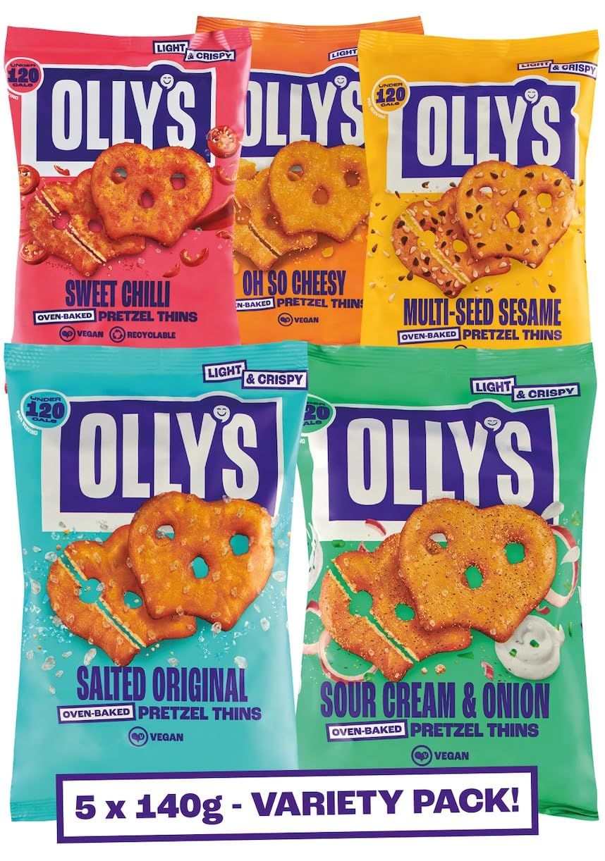 Olly's Pretzel Thins, New Variety Pack, 140g (Pack of 5), x1 Salted, x1 Multi Seeded, x1 Sour Cream, x1 Sweet Chilli x1 Cheesy, Low Calorie Snacks, Low Fat, Source of Fibre, No Preservatives