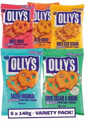 Olly's Pretzel Thins, New Variety Pack, 140g (Pack of 5), x1 Salted, x1 Multi Seeded, x1 Sour Cream, x1 Sweet Chilli x1 Cheesy, Low Calorie Snacks, Low Fat, Source of Fibre, No Preservatives