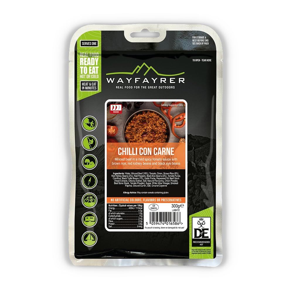 Wayfayrer Chilli Con Carne &amp; Rice 300g Ready to Eat, Hot or Cold, Meal Pouch Recommended for Duke of Edinburgh's Award Expeditions, Camping, Hiking, Fishing and Outdoor Adventures
