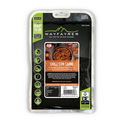 Wayfayrer Chilli Con Carne &amp; Rice 300g Ready to Eat, Hot or Cold, Meal Pouch Recommended for Duke of Edinburgh's Award Expeditions, Camping, Hiking, Fishing and Outdoor Adventures