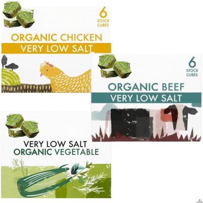 Stock Cube Bundle with Kallo Very Low Salt Beef Stock Cubes 6x8g, Chicken 6x8g and Vegetable Stock Cubes 6x10g (3 Pack)